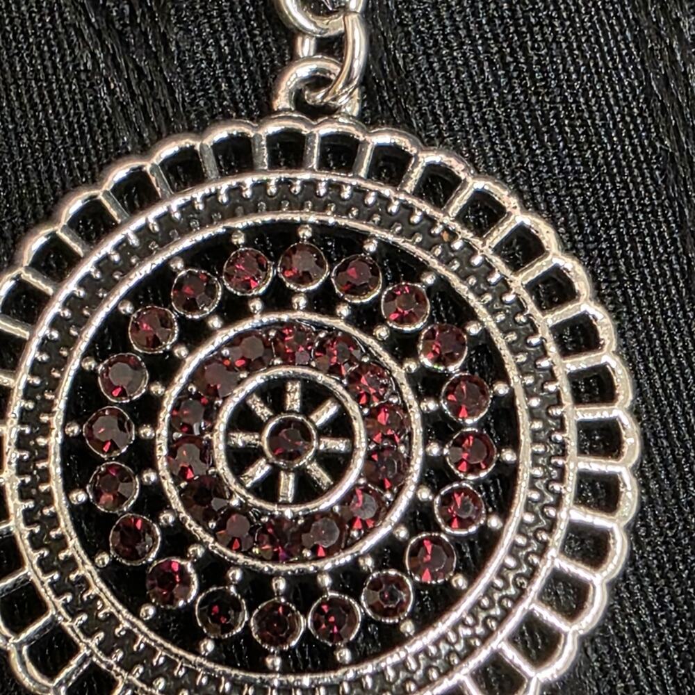 Paparazzi Silver Tone Dark Red Rhinestone Double Disc Dangle Earrings NWT New On - Picture 3 of 4